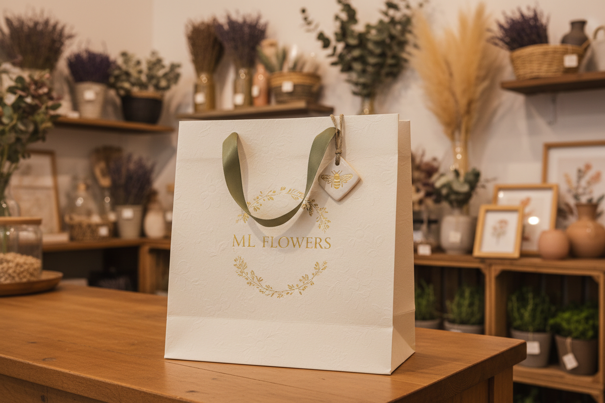 Génère un sac cadeau avec ML FLOWERS dessus et dans un endroit un peu floutée mais boutique au comptoir