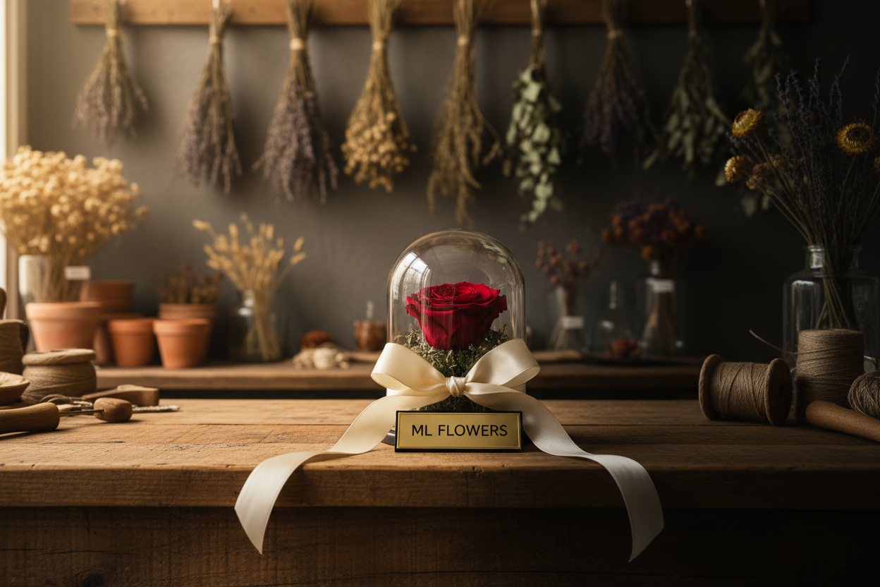 génère un atelier de fleuriste avec des fleurs séchées et une petite création de rose éternelle avec ruban et une inscritpion ML FLOWERS en or et en capital le comptoir un peu du bois et un peu floutée dasn une ambiance un peu cocooning moitité sombre motiié lumier